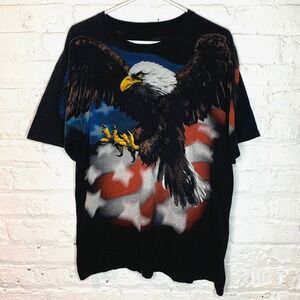 Retro Liquid Blue American Flag‎ Bald Eagle T-Shirt Tee Size L Black USA 2006